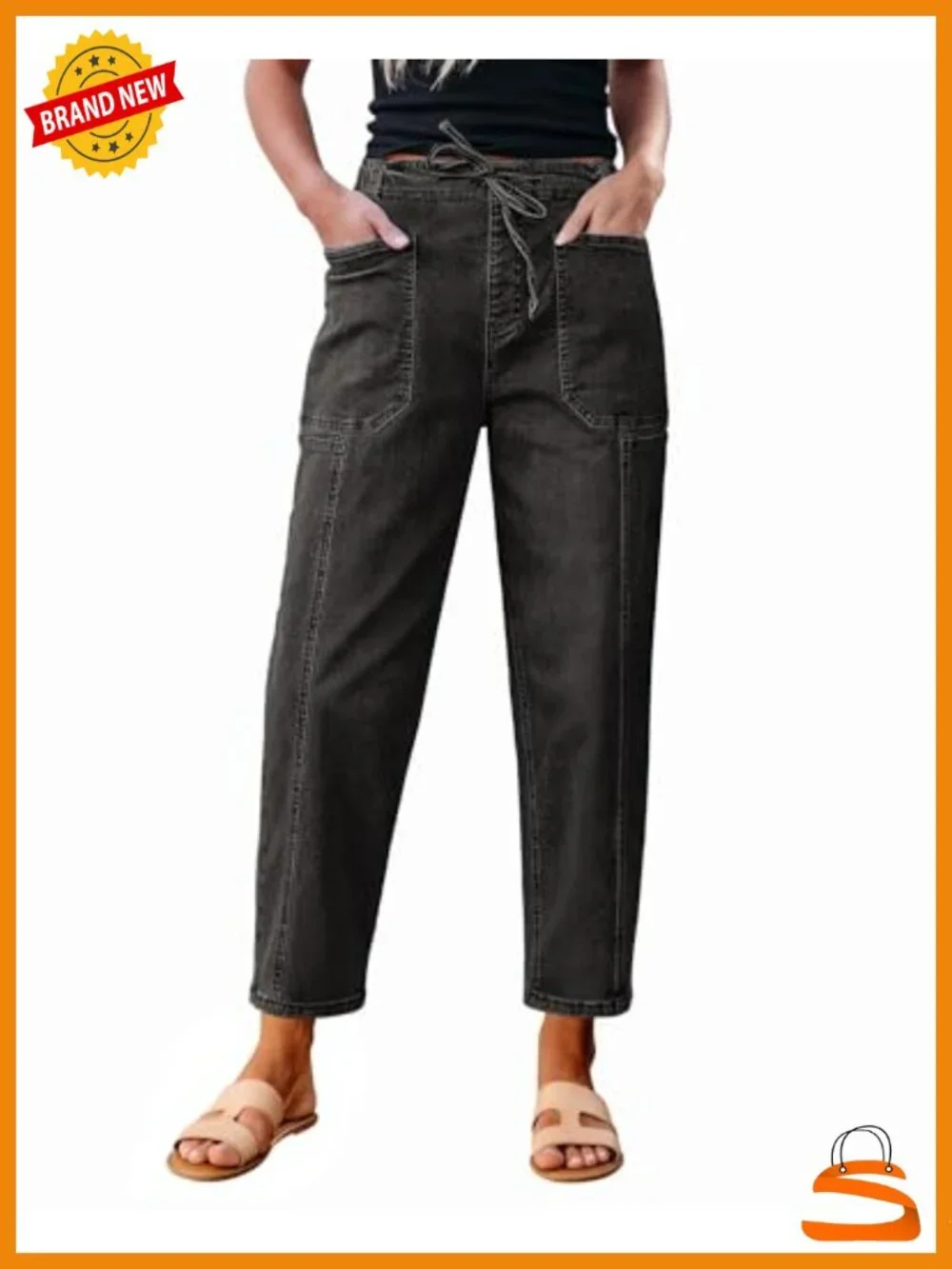 High Waisted Pull On Drawstring Elastic Waist Stretchy Denim Baggy Pants with